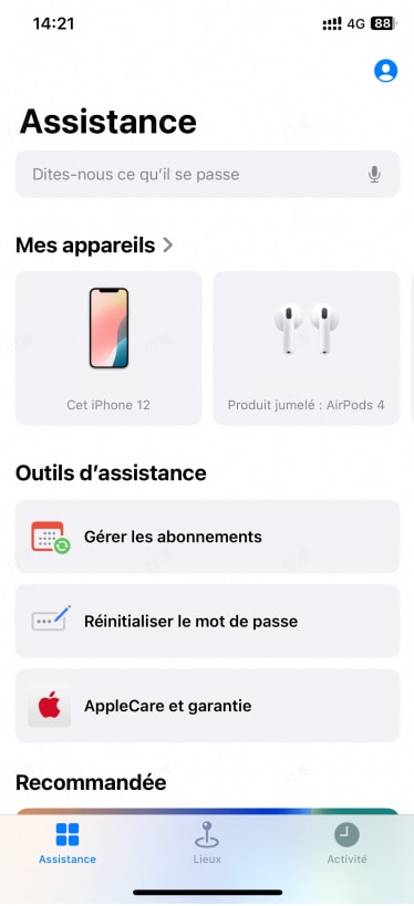 sélectionnez l'option de réinitialisation du mot de passe sur l'application d'assistance Apple