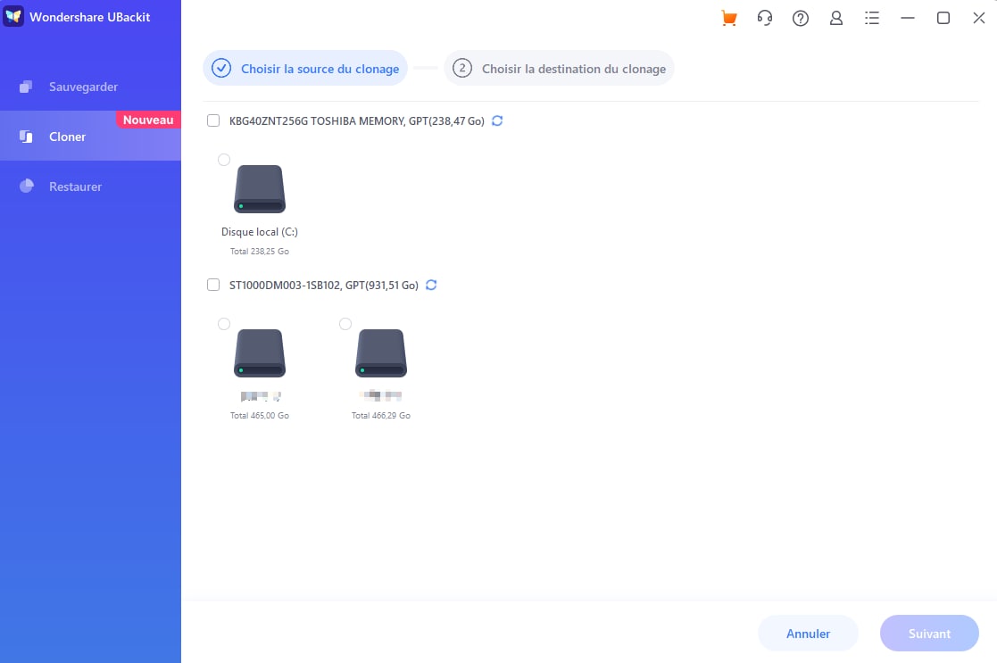 choisir un disque source pour le clonage