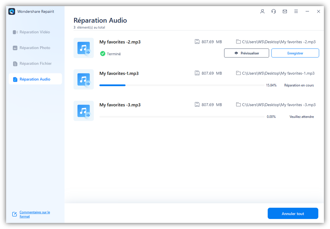 enregistrer l'audio réparé